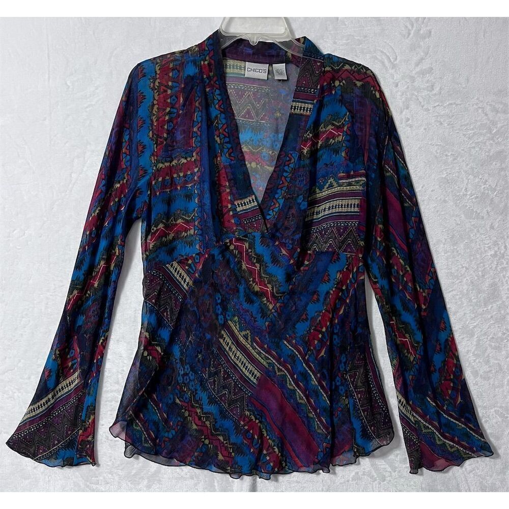 Chico's Women's Silk Blouse Size 2 Geometric V-Neck Long Sleeve